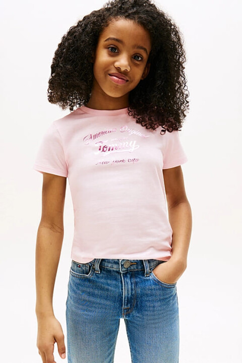 Kız Çocuk Bisiklet Yaka Yazı Baskılı T-Shirt - Pembe 