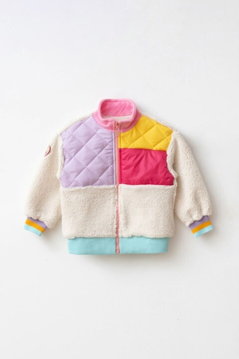 Kız Çocuk Blok Renkli Kapitoneli Polar Ceket - Pembe/Çok Renkli 
