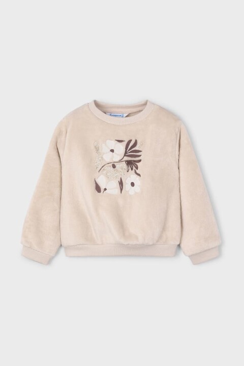 Kız Çocuk Çiçek Nakışlı Pelüş Sweatshirt - Bej 