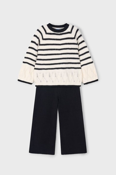 Kız Çocuk Çizgili Ajur Detaylı Geniş Paça Triko Takım - Siyah/Ekru 