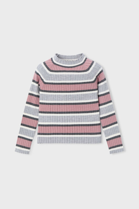 Kız Çocuk Dar Kalıp Yarım Balıkçı Yaka Çizgili Fitilli Triko Kazak - Çok Renkli 