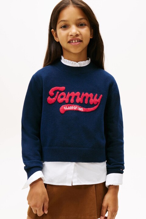 Kız Çocuk Dokulu Logolu Triko Kazak - Lacivert 