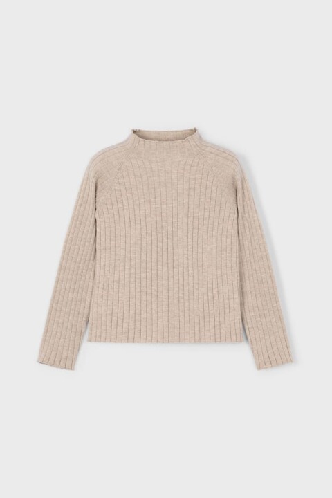 Kız Çocuk Fitilli Balıkçı Yaka Triko Kazak - Bej 