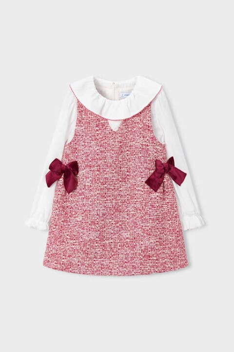 Kız Çocuk Fiyonk Detaylı Tüvit Görünümlü Jile Elbise - Kırmızı 