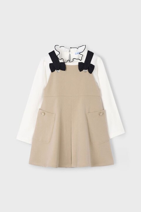 Kız Çocuk Fiyonklu Salopet Elbiseli 2'li Takım - Bej/Ekru 