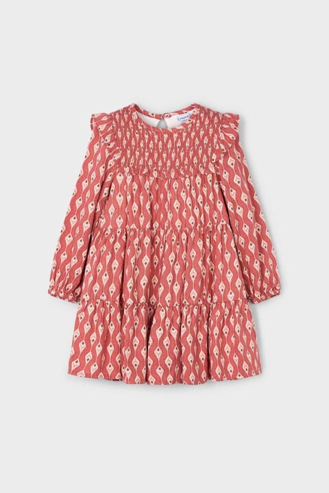 Kız Çocuk Göğsü Gipeli Fırfırlı Elbise - Kiremit 