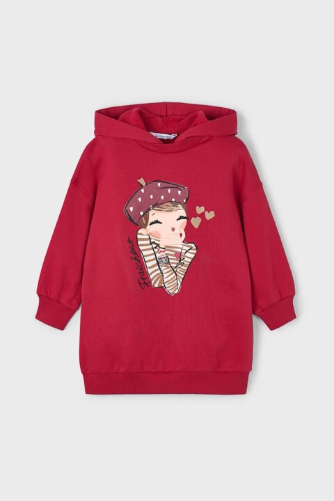 Kız Çocuk Grafik Baskılı Kapüşonlu Sweatshirt Elbise - Kırmızı 