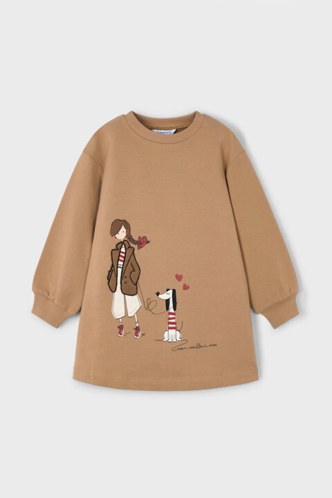 Kız Çocuk Grafik Baskılı Sweatshirt Elbise - Camel 