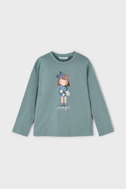 Kız Çocuk Grafik Baskılı Uzun Kollu T-Shirt - Adaçayı Yeşili 