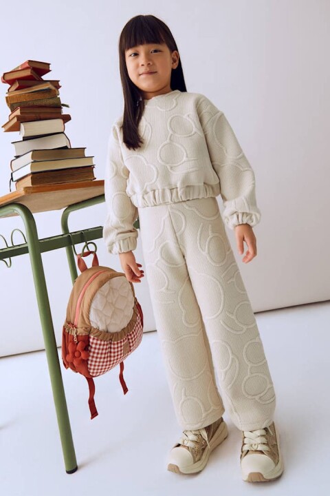 Kız Çocuk Kabartma Desenli Geniş Paça Takım - Bej 