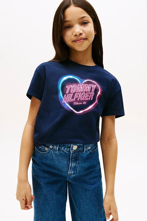 Kız Çocuk Kalp Baskılı Relax Fit T-Shirt – Lacivert 