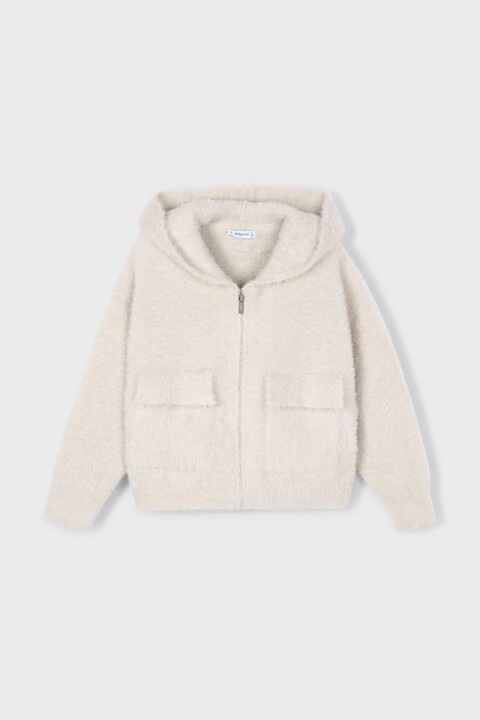 Kız Çocuk Kapüşonlu Cepli Pelüş Hırka - Ekru 