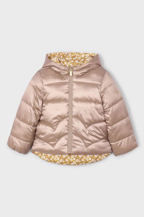 Kız Çocuk Kapüşonlu Çiçek Desenli Çift Taraflı Şişme Mont - Vizon/Hardal 