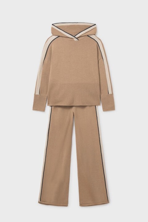 Kız Çocuk Kapüşonlu Yanları Şeritli Triko Takım - Camel 