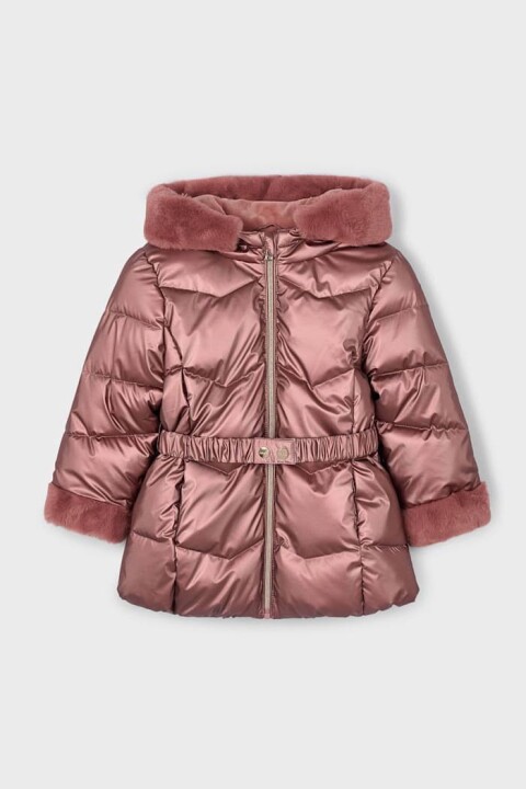 Kız Çocuk Kemerli Kürk Detaylı Kapüşonlu Şişme Mont - Pudra Pembe 