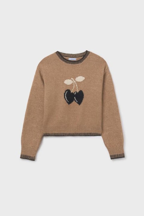 Kız Çocuk Kiraz Jakarlı Triko Kazak - Camel 