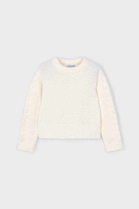 Kız Çocuk Kolları Desenli Yumuşak Dokulu Triko Kazak - Ekru 