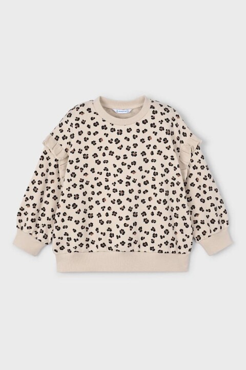 Kız Çocuk Kolları Fırfırlı Leopar Desenli Sweatshirt - Bej 