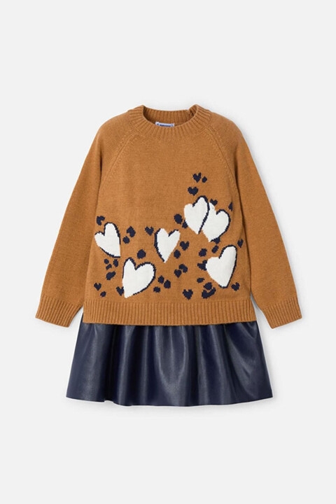 Kız Çocuk Kombin Triko Elbise - Kahverengi 