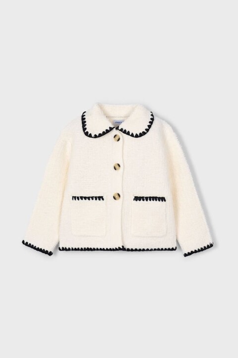 Kız Çocuk Kontrast Biyeli Buklet Ceket - Ekru 