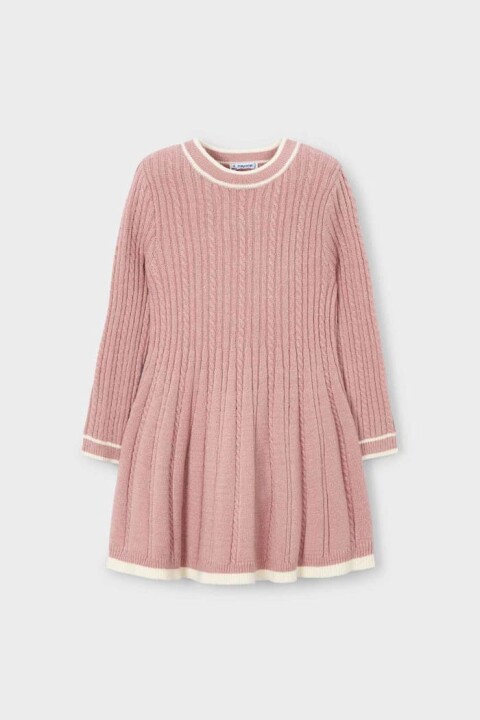 Kız Çocuk Kontrast Şeritli Saç Örgüsü Desenli Triko Elbise - Pudra Pembe 