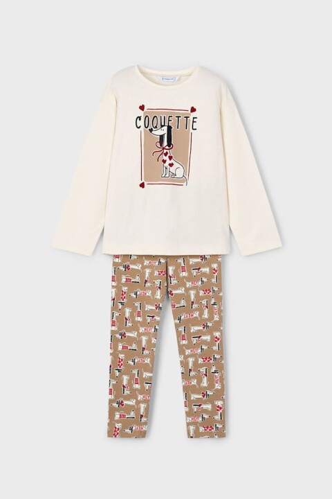 Kız Çocuk Köpek Baskılı Desenli Taytlı Takım - Krem/Bej 