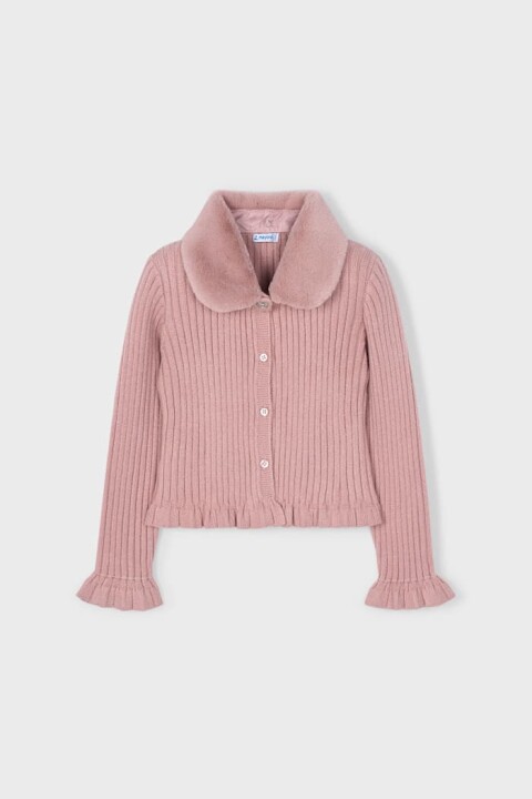 Kız Çocuk Kürk Yakalı Fitilli Triko Hırka - Pudra 