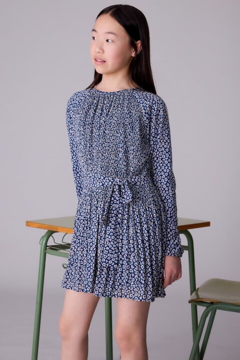 Kız Çocuk Kuşaklı Desenli Pliseli Elbise - Çok Renkli 