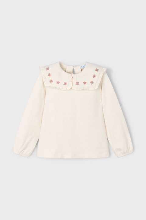 Kız Çocuk Nakış İşlemeli Fırfır Yaka Bluz - Krem 