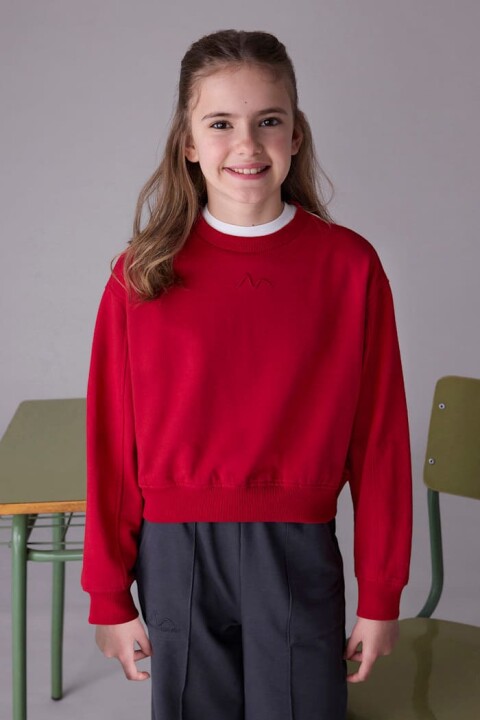 Kız Çocuk Nakış İşlemeli Kısa Kesim Sweatshirt - Kırmızı 