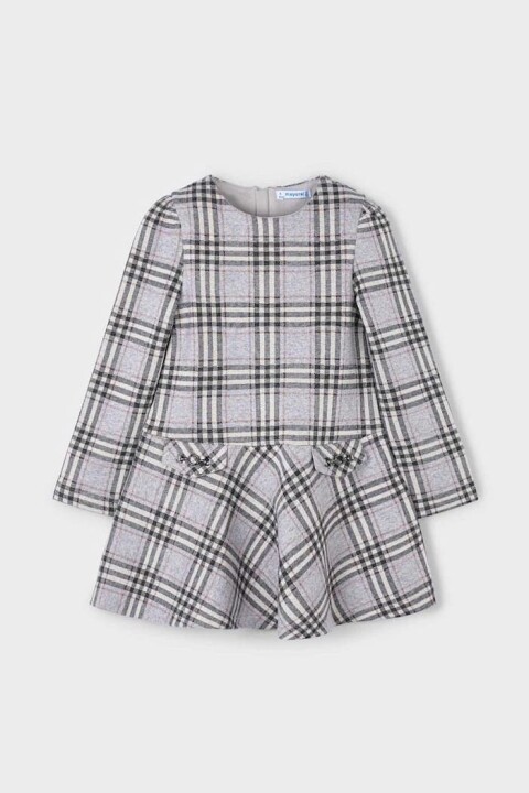 Kız Çocuk Normal Kalıp Düşük Belli Aksesuarlı Ekose Triko Elbise - Gri 