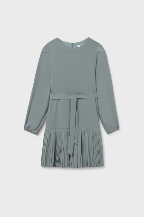 Kız Çocuk Normal Kalıp Eteği Piliseli ve Beli Kuşaklı Elbise - Adaçayı Yeşili 