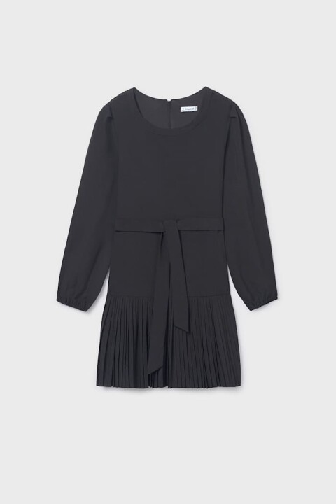 Kız Çocuk Normal Kalıp Eteği Piliseli ve Beli Kuşaklı Elbise - Siyah 