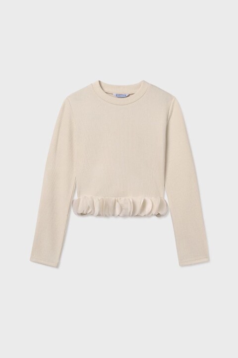 Kız Çocuk Normal Kalıp Etek Ucu Volanlı Fitilli Triko Bluz - Krem 