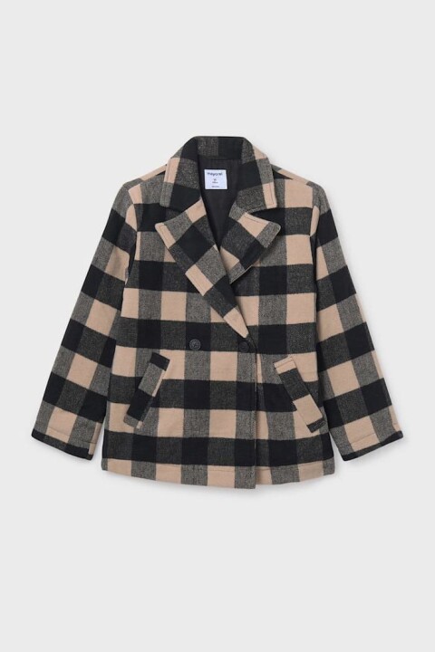 Kız Çocuk Normal Kalıp Kruvaze Yaka Jakarlı Ekose Kaban - Bej 