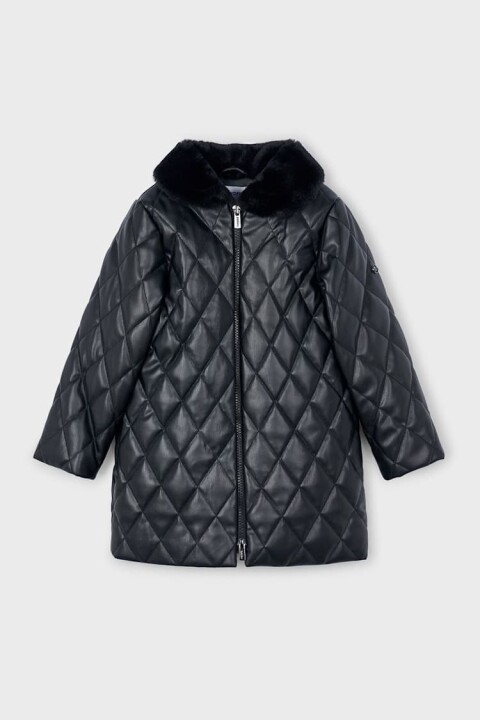 Kız Çocuk Normal Kalıp Pelüş Yaka Baklava Desenli Kapitone Kaban - Siyah 