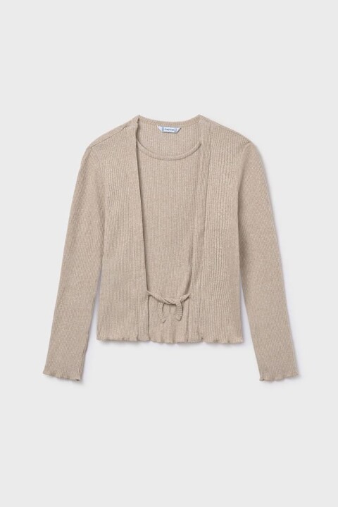 Kız Çocuk Önü Bağlamalı Örme Triko - Bej 