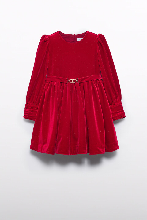 Kız Çocuk Parıltılı Kadife Elbise - Kırmızı 