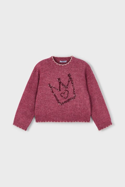 Kız Çocuk Payetli Taç İşlemeli Triko Kazak - Vişne 