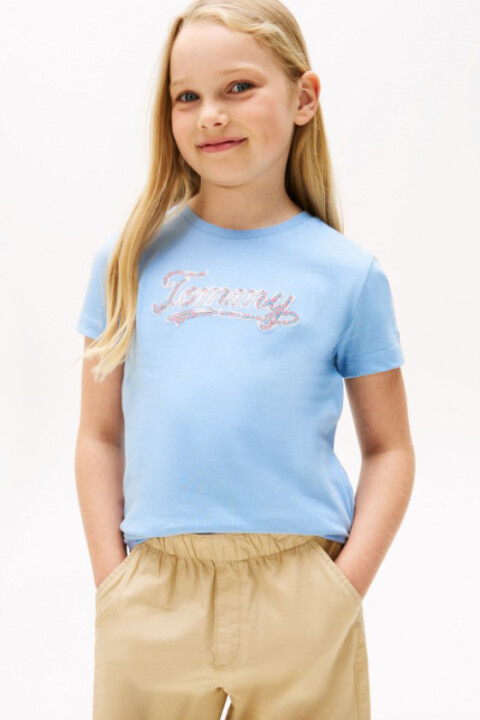 Kız Çocuk Payetli Yazı İşlemeli T-Shirt - Açık Mavi 