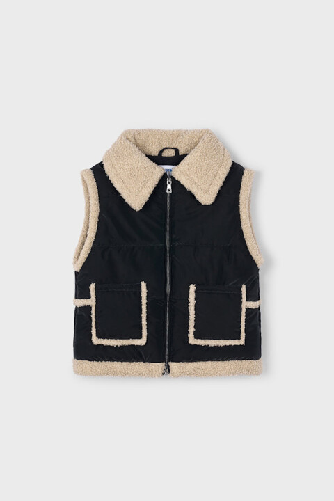 Kız Çocuk Pelüş Detaylı Yelek - Siyah/Bej 