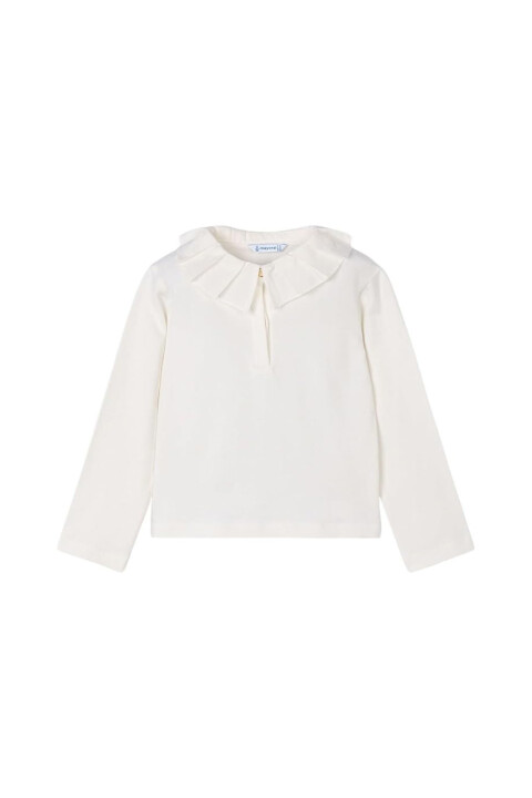 Kız Çocuk Pileli Polo Yaka Uzun Kollu Bluz - Krem 