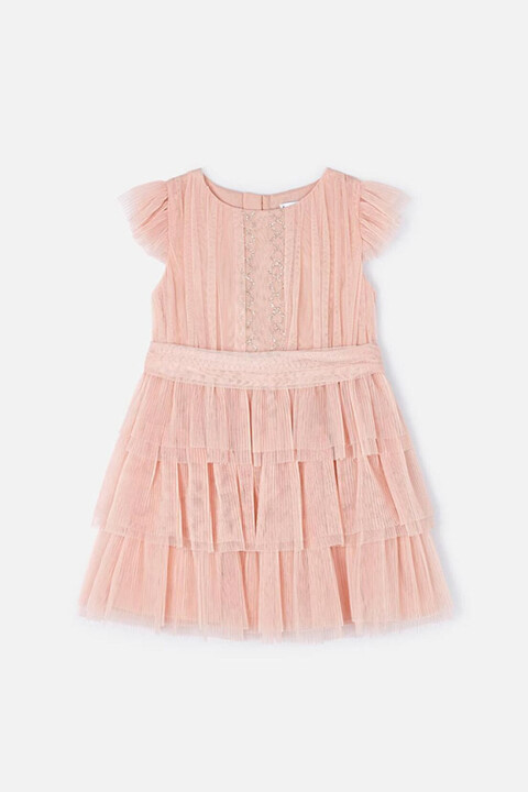 Kız Çocuk Pileli Tül Elbise - Krem 