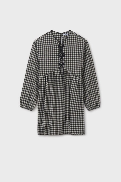 Kız Çocuk Rahat Kalıp Bağcık Detaylı Pötikare Elbise - Siyah 