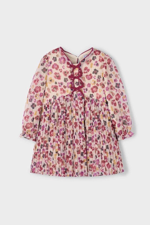 Kız Çocuk Rahat Kalıp Çiçek Desenli Piliseli Şifon Elbise - Vişne 