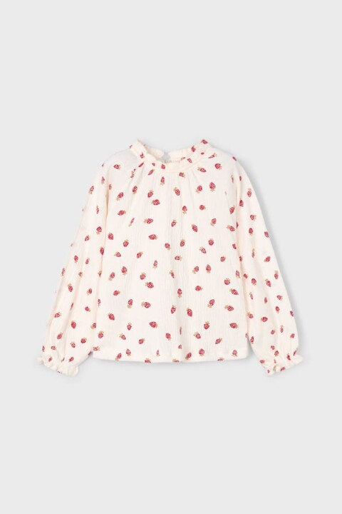 Kız Çocuk Rahat Kalıp Fırfırlı Yaka Çilek Desenli Bluz - Krem 