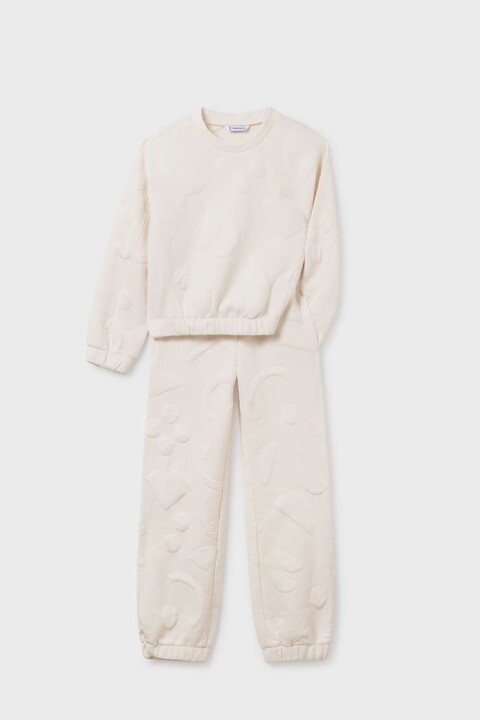 Kız Çocuk Rahat Kalıp Kabartma Desenli 2'li Eşofman Takımı - Krem 