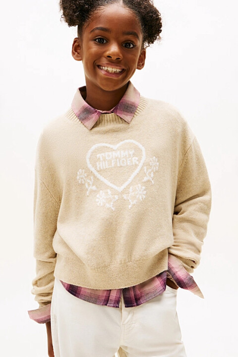 Kız Çocuk Rahat Kalıp Kalp Desenli Triko Kazak - Bej Melanj 