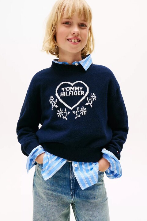 Kız Çocuk Rahat Kalıp Kalp Desenli Triko Kazak - Lacivert 