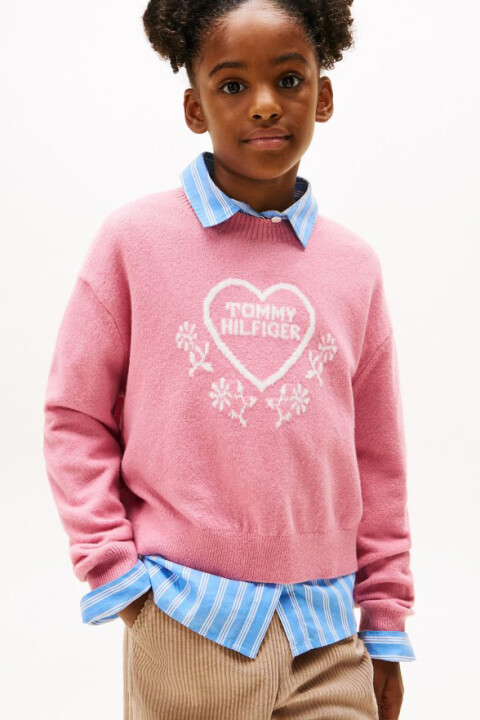 Kız Çocuk Rahat Kalıp Kalp Desenli Triko Kazak - Pembe 